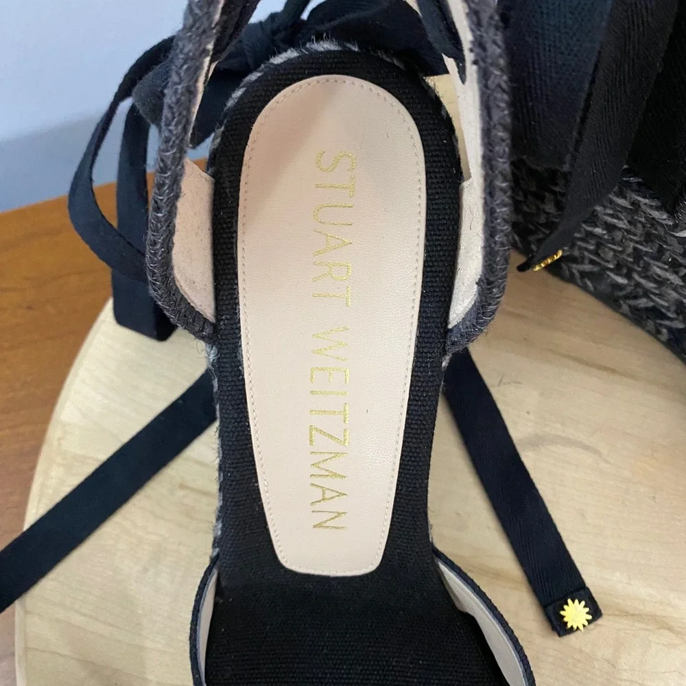 Stuart Weitzman Marguerita Espadrille Wedge Sandals Black Ankle Tie Wrap Sz 8.5C